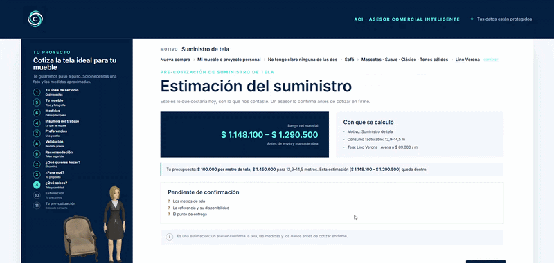 Recorrido del cliente: recomendación de telas, estimación y envío de la solicitud